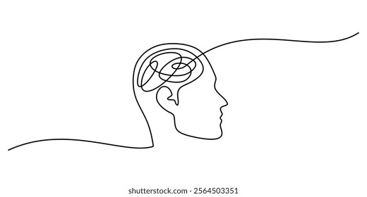 Continuous one line drawing of a head with a brain. Representing intelligence, thought processes, and personal development. Vector illustration hand drawn.