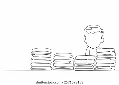 Continuous one line drawing head of baby boy emerges from pile of diapers at different heights. Choosing which diaper to take. Kids In Need Of Diapers Day. Single line draw design vector illustration