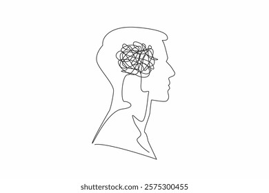 Continuous one line drawing the head of a man with a tangled wire in the middle of his head. Too many problems. Involute. Complex. Inside the Head of Man. Single line draw design vector illustration