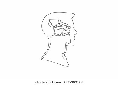 Continuous one line drawing head of man with treasure box and gold coins in the middle of head. Classic things for a better future. Inside the Head of Man. Single line draw design vector illustration