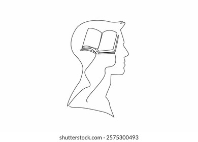 Continuous one line drawing the head of a man with an open book in the middle of his head. High knowledge. Like a walking book. Inside the Head of Man. Single line draw design vector illustration