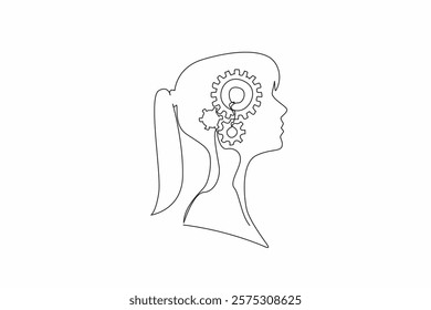 Continuous one line drawing the head of a young woman with a gear in the middle of her head. Critical thinking for more profit. Inside the Head of Woman. Single line draw design vector illustration