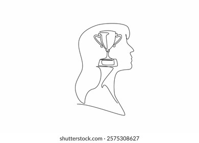 Continuous one line drawing the head of a woman with a trophy in the middle of her head. Always try to be the best. The winner. Inside the Head of Woman. Single line draw design vector illustration