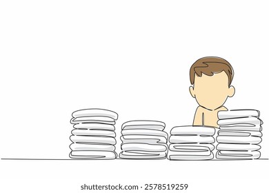 Continuous one line drawing head of baby boy emerges from pile of diapers at different heights. Choosing which diaper to take. Kids In Need Of Diapers Day. Single line draw design vector illustration