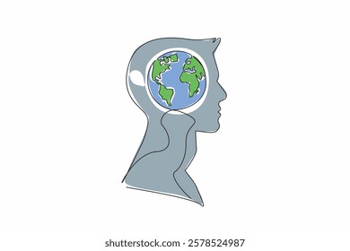 Continuous one line drawing the head of a young man with a globe in the middle of his head. Taking sides with the earth. Greening. Inside the Head of Man. Single line draw design vector illustration