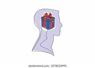 Continuous one line drawing the head of a man with a gift box in the middle of his head. Will give the most beautiful gift. Elegant. Inside the Head of Man. Single line draw design vector illustration