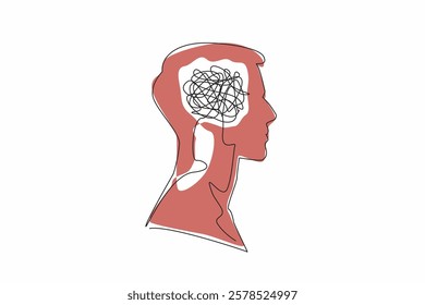 Continuous one line drawing the head of a man with a tangled wire in the middle of his head. Too many problems. Involute. Complex. Inside the Head of Man. Single line draw design vector illustration