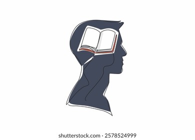 Continuous one line drawing the head of a man with an open book in the middle of his head. High knowledge. Like a walking book. Inside the Head of Man. Single line draw design vector illustration