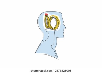 Continuous one line drawing head of a man with a wedding ring in the middle of head. Full of love. Heading to the wedding soon. Inside the Head of Man. Single line draw design vector illustration