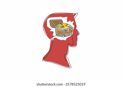 Continuous one line drawing head of man with treasure box and gold coins in the middle of head. Classic things for a better future. Inside the Head of Man. Single line draw design vector illustration