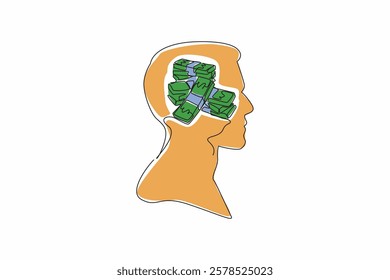 Continuous one line drawing the head of a man with pile of banknotes in the middle of his head. Estimated profit this week. Profit. Inside the Head of Man. Single line draw design vector illustration