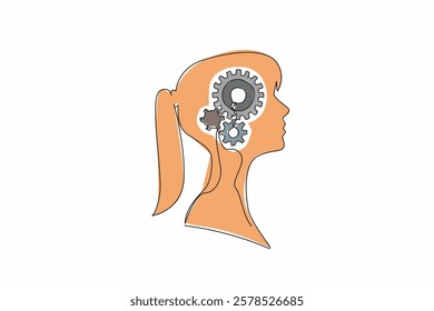 Continuous one line drawing the head of a young woman with a gear in the middle of her head. Critical thinking for more profit. Inside the Head of Woman. Single line draw design vector illustration