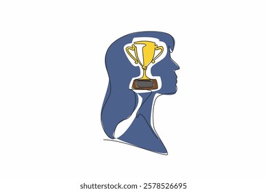 Continuous one line drawing the head of a woman with a trophy in the middle of her head. Always try to be the best. The winner. Inside the Head of Woman. Single line draw design vector illustration