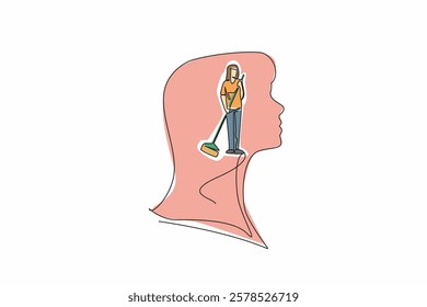 Continuous one line drawing head of woman in the middle of head is woman sweeping. Want to have an amnesia. Take the burden off. Inside the Head of Woman. Single line draw design vector illustration