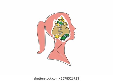 Continuous one line drawing the head of a woman with an open money bag in the middle of her head. Thinking of a windfall. Rich. Inside the Head of Woman. Single line draw design vector illustration