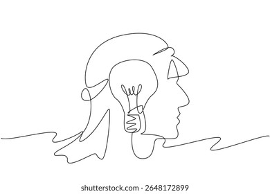 Continuous one line drawing the head is made of wires and in the middle of the head there is lightbulb. Accumulating many thoughts. National Creativity Day. Single line draw design vector illustration