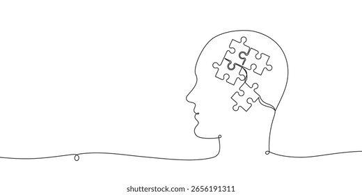 Desenho contínuo de uma linha de cabeça e peças de quebra-cabeça conectadas. Silhueta de cabeça com quebra-cabeças. Conceito de solução de problemas e brainstorming. Ilustração vetorial.