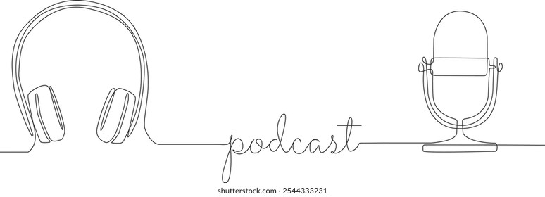 Kontinuierliche einzeilige Zeichnung von Kopfhörer und Mikrofon.Konzept für Podcast