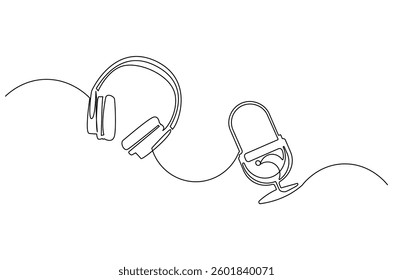 Continuous one line drawing of headphone speaker and microphone. Single line drawing illustration of Microphone and headphone template. Podcast concept vector art. Doodle line illustration.