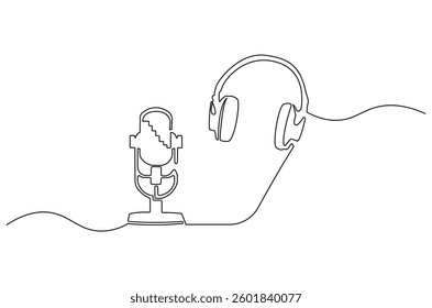 Continuous one line drawing of headphone speaker and microphone. Single line drawing illustration of Microphone and headphone template. Podcast concept vector art. Doodle line illustration.