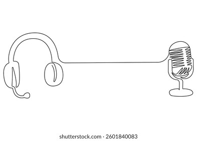 Continuous one line drawing of headphone speaker and microphone. Single line drawing illustration of Microphone and headphone template. Podcast concept vector art. Doodle line illustration.