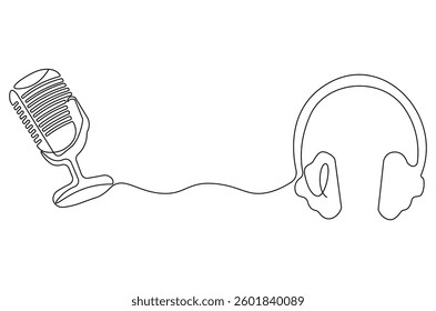 Continuous one line drawing of headphone speaker and microphone. Single line drawing illustration of Microphone and headphone template. Podcast concept vector art. Doodle line illustration.