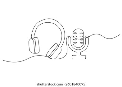 Continuous one line drawing of headphone speaker and microphone. Single line drawing illustration of Microphone and headphone template. Podcast concept vector art. Doodle line illustration.