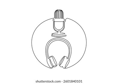 Continuous one line drawing of headphone speaker and microphone. Single line drawing illustration of Microphone and headphone template. Podcast concept vector art. Doodle line illustration.