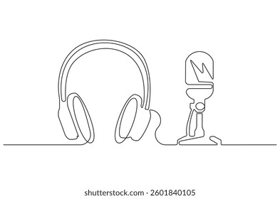 Continuous one line drawing of headphone speaker and microphone. Single line drawing illustration of Microphone and headphone template. Podcast concept vector art. Doodle line illustration.