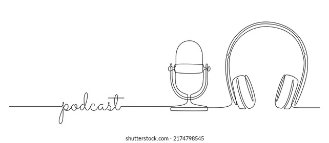 Continuous one line drawing of headphones speaker and microphone. Music gadget mic and earphones devices in simple linear style. Editable stroke. Doodle vector illustration