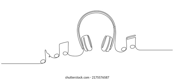 Kontinuierliche Zeichnung eines Kopfhörers mit Noten. Headset Gadget und Kopfhörer Geräte im einfachen linearen Stil. Bearbeitbarer Strich. Doodle-Vektorgrafik