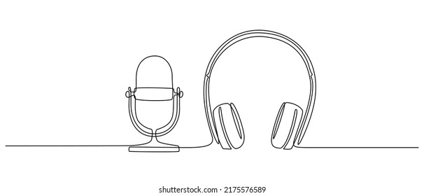 Continuous one line drawing of headphones speaker and microphone for podcast web banner. Music gadget mic and earphones devices in simple linear style. Editable stroke. Doodle vector illustration