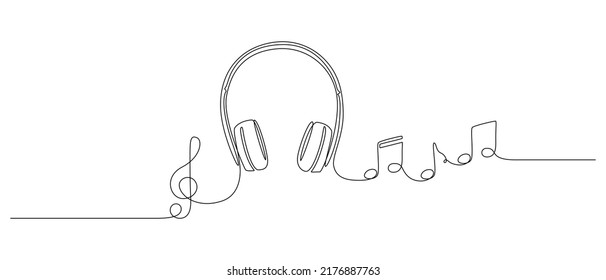 Continuous one line drawing of headphones speaker with music notes and Treble clef. Headset gadget and earphones devices in simple linear style. Editable stroke. Doodle vector illustration