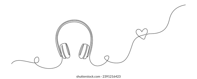 Continuous one line drawing of headphones speaker with heart shape. Music gadget and earphones devices in simple linear style. Editable stroke. Doodle vector illustration