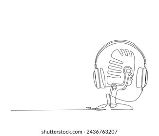 Continuous one line drawing of headphones and vintage microphone. Music and podcast concept. Editable stroke.