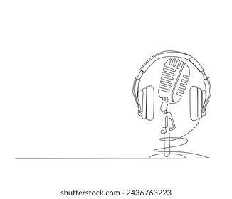 Continuous one line drawing of headphones and vintage microphone. Music and podcast concept. Editable stroke.