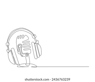Continuous one line drawing of headphones and vintage microphone. Music and podcast concept. Editable stroke.