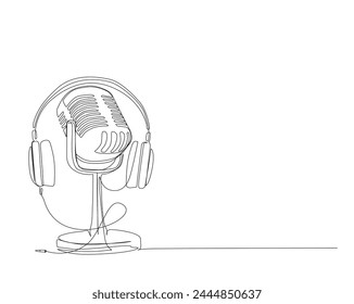 Continuous one line drawing of headphones and vintage microphone. Music and podcast concept. Editable stroke.