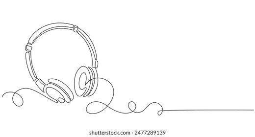 Continuous one line drawing of headphones. Music gadget and earphones devices in simple linear style. Editable stroke. Doodle vector illustration