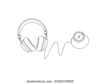 Continuous one line drawing of headphones combine with stethoscope. One line drawing illustration of headphones with stethoscope combined. Combine art design concept line art. Editable outline

