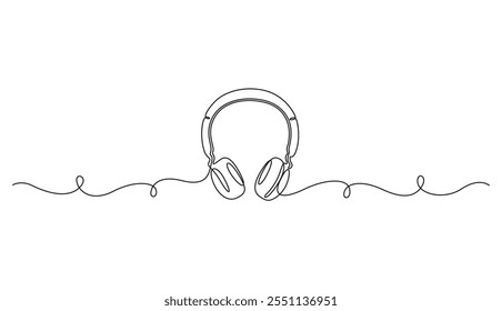 Continuous one line drawing of headphones. Musical note. Headset concept for music listening, playlists. Vector illustration