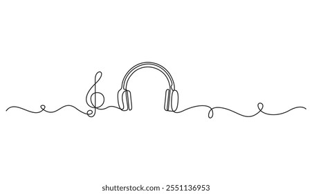 Desenho contínuo de uma linha de fones de ouvido. Nota musical. Conceito de headset para ouvir música, playlists. Ilustração vetorial