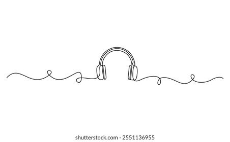 Continuous one line drawing of headphones. Musical note. Headset concept for music listening, playlists. Vector illustration