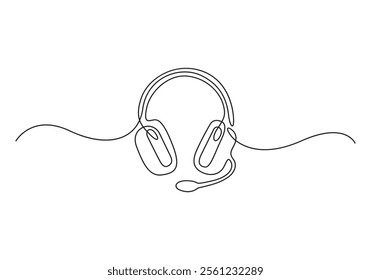 Continuous one line drawing of headphones for logo. Hand drawn sound device gadget, music gadget for listening songs and podcast. Vector illustration