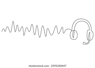 Continuous one line drawing of headphones. Single line drawing illustration of headphone for podcast. Music and technology concept vector art. Doodle line illustration.
