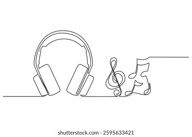 Continuous one line drawing of Headphones with musical note. Single line drawing illustration of musical notes and headphones for web design. music concept vector art. Doodle line illustration.
