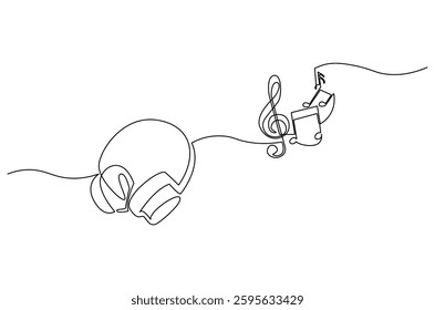 Continuous one line drawing of Headphones with musical note. Single line drawing illustration of musical notes and headphones for web design. music concept vector art. Doodle line illustration.
