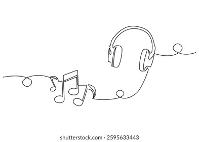 Continuous one line drawing of Headphones with musical note. Single line drawing illustration of musical notes and headphones for web design. music concept vector art. Doodle line illustration.
