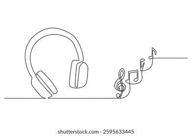 Continuous one line drawing of Headphones with musical note. Single line drawing illustration of musical notes and headphones for web design. music concept vector art. Doodle line illustration.
