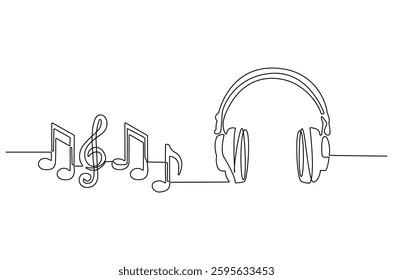 Continuous one line drawing of Headphones with musical note. Single line drawing illustration of musical notes and headphones for web design. music concept vector art. Doodle line illustration.
